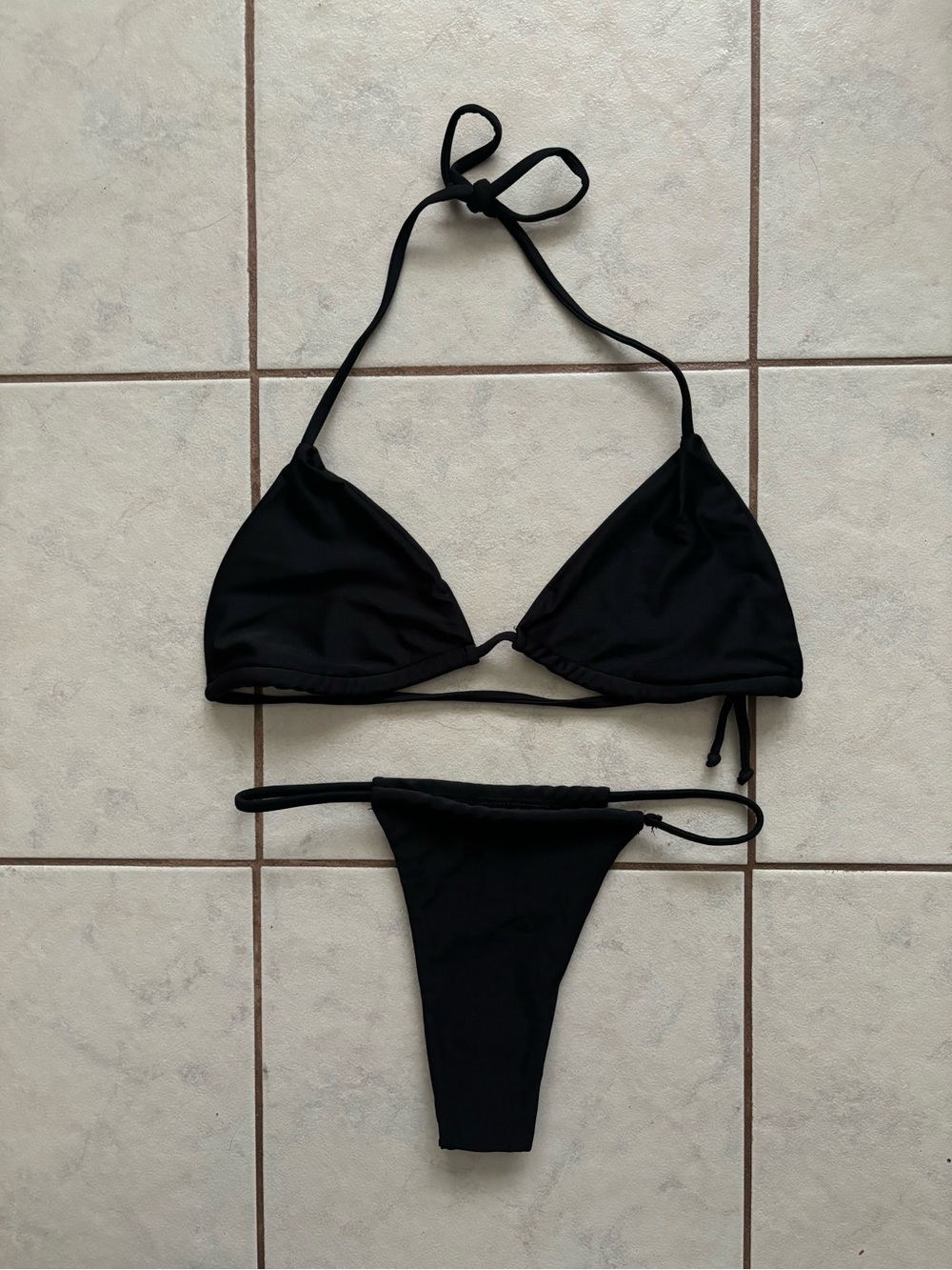 Amazon Black Triangle String Bikini Top and Thong Bottom - Black